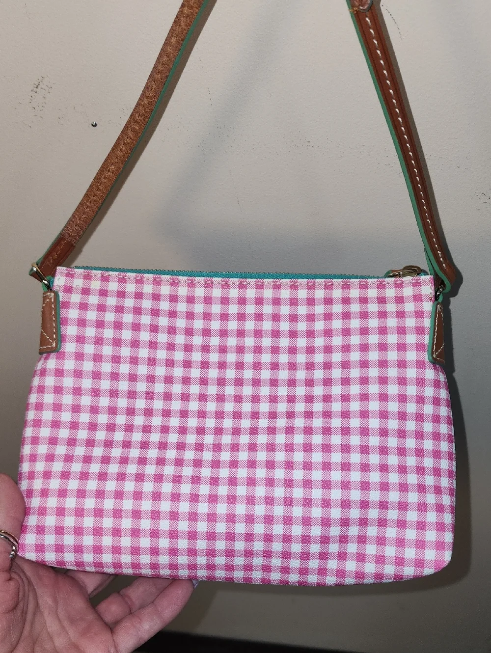 Dooney & Bourke Leather Picnic Pink Mint Gingham Crossbody Shoulder Bag Purse - Picture 9 of 12